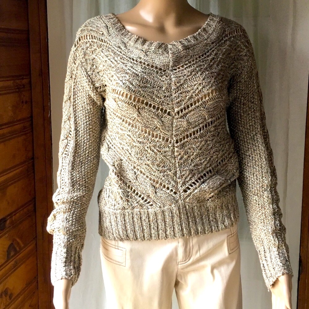 Shimmery V-Neck Cable + Crochet Sweater NWOT